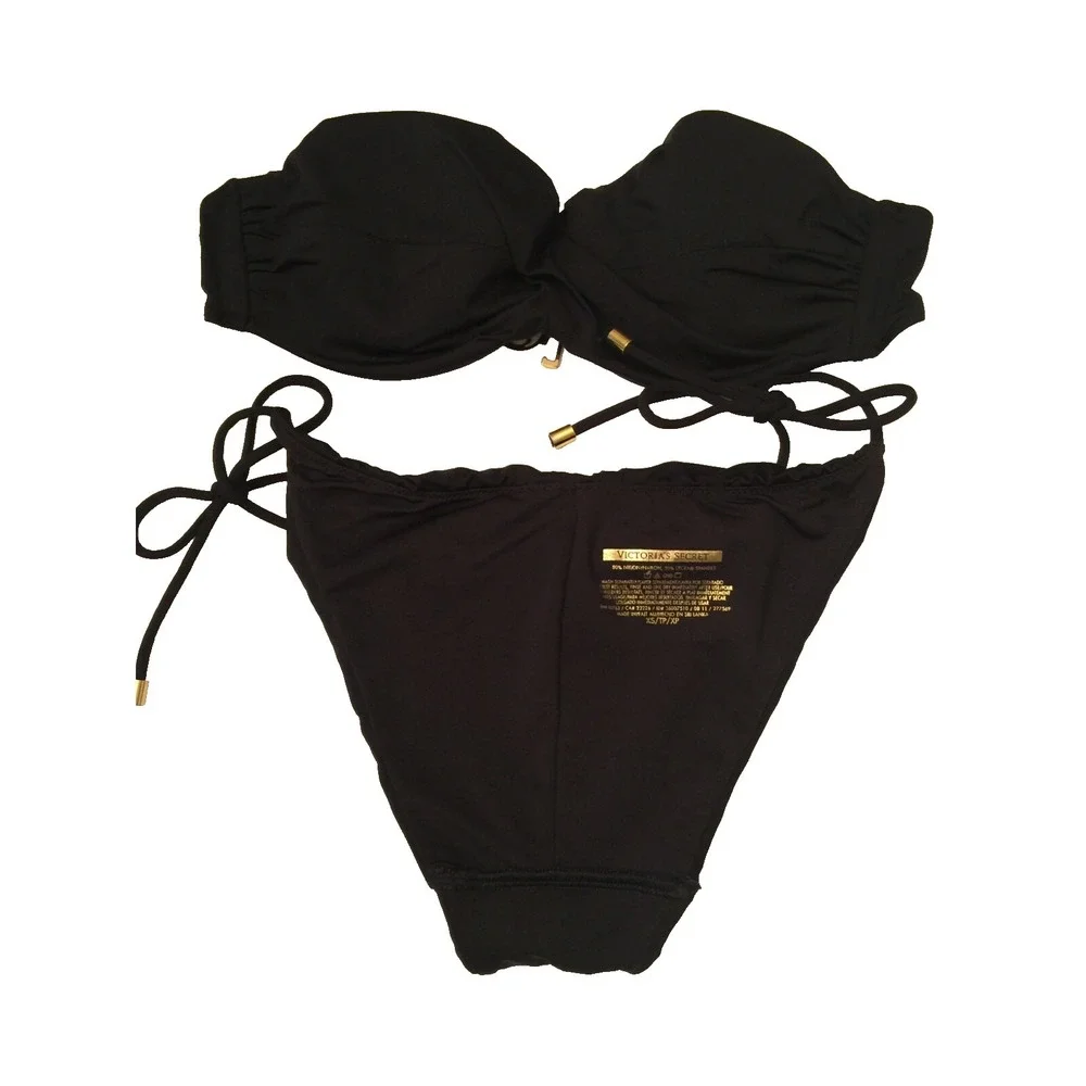 Victoria's Secret Womens Bikini Swimsuit Sz 34B/XS Black Gold Metallic‎ Cut Out